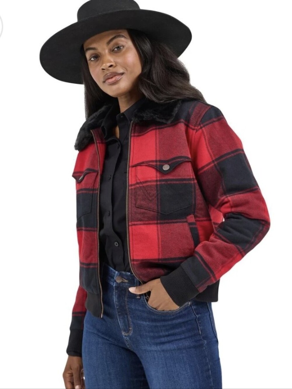 Wrangler Retro Red Buffalo Plaid Faux Fur Collar Bomber Jacket Sz.M